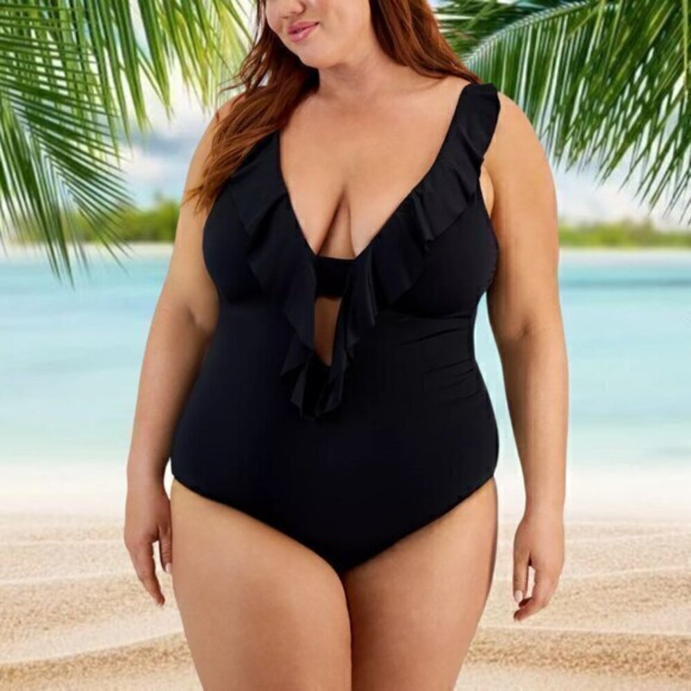 Becca Etc Trendy Plus Size Color Code Ruffled One-Piece Swimsuit